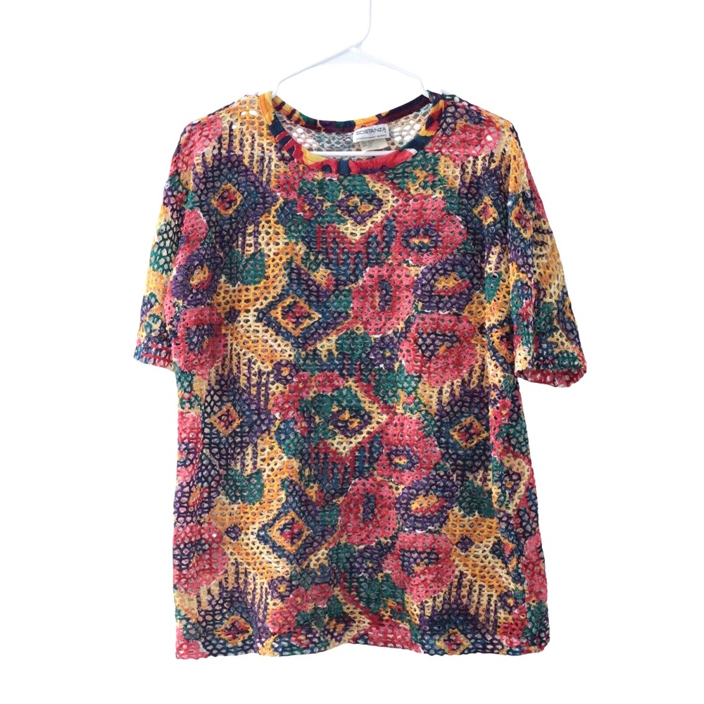 SOSTANZA Womens Crochet Top Y2K Vintage 80s Ragged Boho Textured Artsy T-shirt S